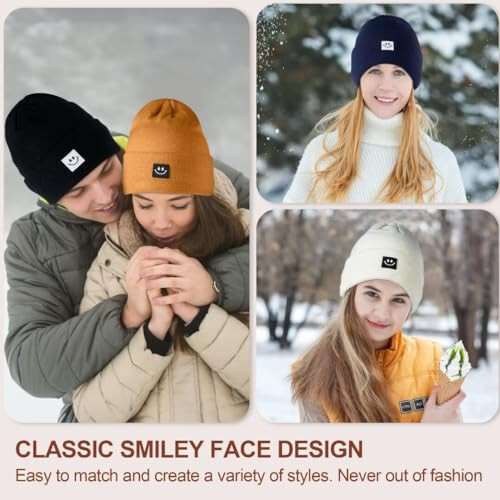 Winter Beanie Hats for Women Men 3Pack,Fleece Lined Womens Winter Hats with Smiley Face,Warm Cute Beanie for Cold Weather - 4