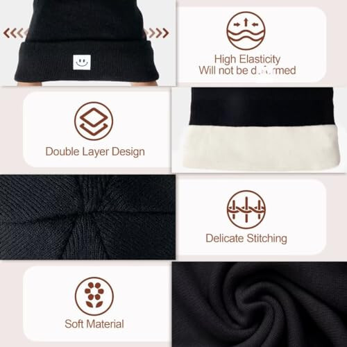 Winter Beanie Hats for Women Men 3Pack,Fleece Lined Womens Winter Hats with Smiley Face,Warm Cute Beanie for Cold Weather - 6