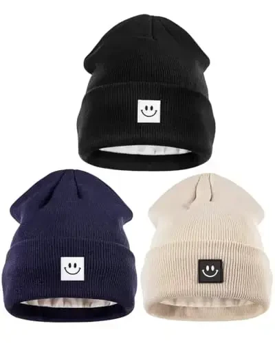 Winter Beanie Hats for Women Men 3Pack,Fleece Lined Womens Winter Hats with Smiley Face,Warm Cute Beanie for Cold Weather 