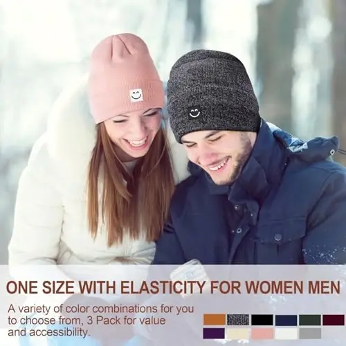 Winter Beanie Hats for Women Men 3Pack,Fleece Lined Womens Winter Hats with Smiley Face,Warm Cute Beanie for Cold Weather - 4