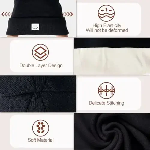 Winter Beanie Hats for Women Men 3Pack,Fleece Lined Womens Winter Hats with Smiley Face,Warm Cute Beanie for Cold Weather - 5
