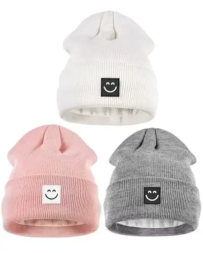 Winter Beanie Hats for Women Men 3Pack,Fleece Lined Womens Winter Hats with Smiley Face,Warm Cute Beanie for Cold Weather - 7