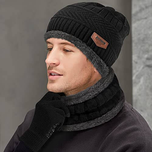 Winter Beanie Hats Scarf Gloves Set Thick Warm Slouchy Beanies Hat Knit Skull Cap Neck Warmer for Men Women - 4