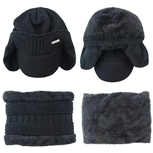 Winter Beanie w/Visor & Earflaps for Men Outdoor Fleece Hat Scarf Set - 3
