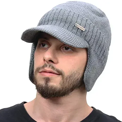 Winter Beanie w/Visor & Earflaps for Men Outdoor Fleece Hat Scarf Set 