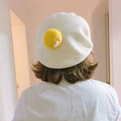 Winter Beret Hat Cute Poached Egg Soft Wool Felt Beret Handmade Painter Creative Hat Cap for Women Kids Girls White - 4