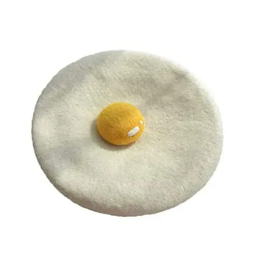 Winter Beret Hat Cute Poached Egg Soft Wool Felt Beret Handmade Painter Creative Hat Cap for Women Kids Girls White - Modazone