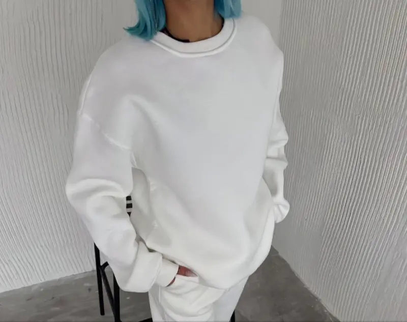 Winter Cycling Crew Neck Three Thread Basic Sweatshirt - White - 2