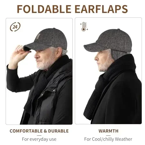 Winter for Men Outdoor Hat, Adjustable Warm Sport Golf Baseball Cap Hats Dad Caps Earflaps Thicken 55-60CM (Brown) - 2