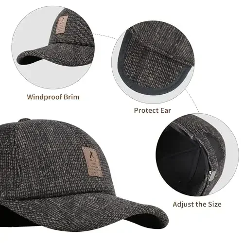 Winter for Men Outdoor Hat, Adjustable Warm Sport Golf Baseball Cap Hats Dad Caps Earflaps Thicken 55-60CM (Brown) - 5