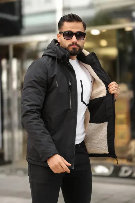 Winter Fur Lined Men's Coat-GRAY - 2