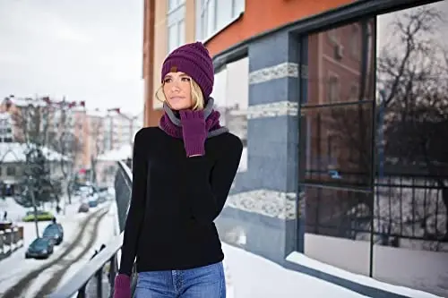Winter Hat Fleece Lined Neck Warmer Scarf and Gloves Set for Women Knit Beanie Winter Gloves and Scarves Cold Weather - 5