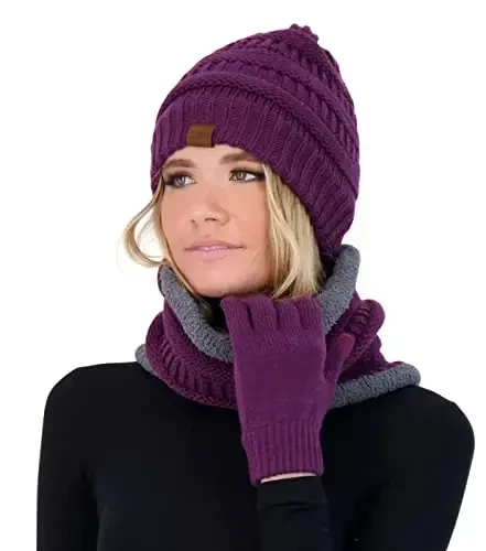 Winter Hat Fleece Lined Neck Warmer Scarf and Gloves Set for Women Knit Beanie Winter Gloves and Scarves Cold Weather 