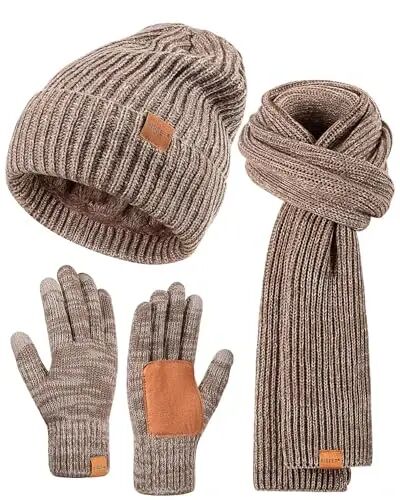 Winter Hat Gloves Scarf Set for Men Women, Mens Beanie Long Scarf Touchscreen Gloves for Cold Weather, 3 in 1 Warm Gift Set - Winter