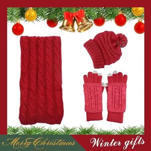 Winter Hat Gloves Scarf Set for Women, Beanie Warm Knit Pom Hat Touch Screen Glove Long Scarf 3pcs Winter Gift Set for Women - KeYanew (1)