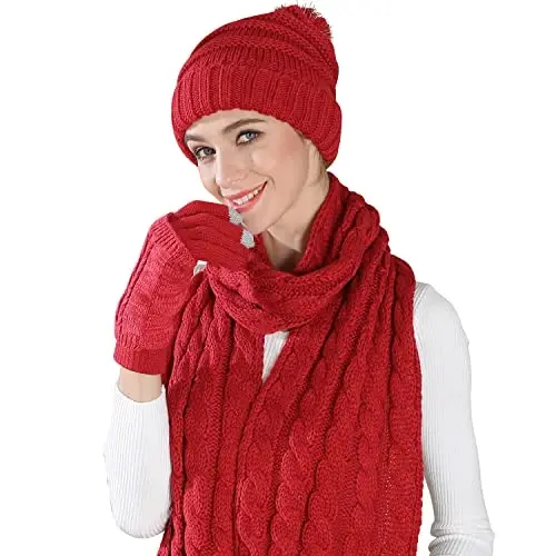 Winter Hat Gloves Scarf Set for Women, Beanie Warm Knit Pom Hat Touch Screen Glove Long Scarf 3pcs Winter Gift Set for Women - 1