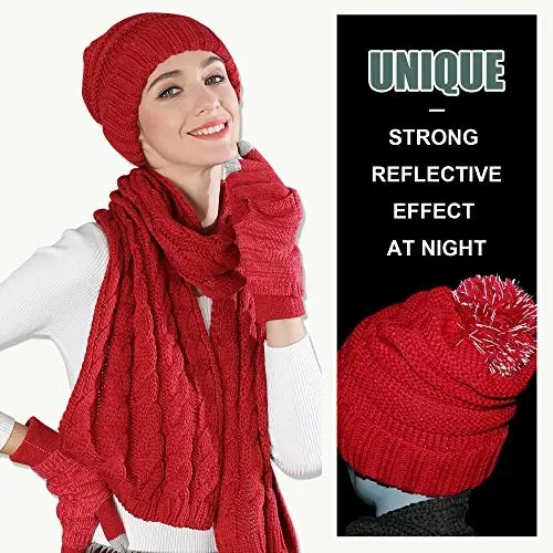 Winter Hat Gloves Scarf Set for Women, Beanie Warm Knit Pom Hat Touch Screen Glove Long Scarf 3pcs Winter Gift Set for Women - 3