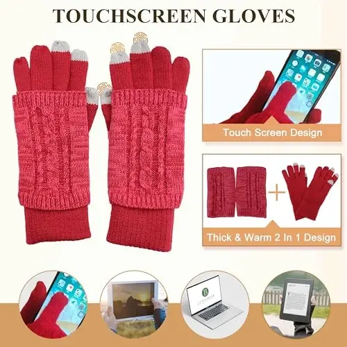 Winter Hat Gloves Scarf Set for Women, Beanie Warm Knit Pom Hat Touch Screen Glove Long Scarf 3pcs Winter Gift Set for Women - 4