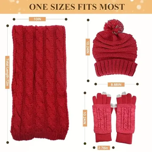 Winter Hat Gloves Scarf Set for Women, Beanie Warm Knit Pom Hat Touch Screen Glove Long Scarf 3pcs Winter Gift Set for Women - 6