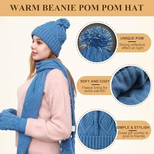 Winter Hat Gloves Scarf Set for Women, Beanie Warm Knit Pom Hat Touch Screen Glove Long Scarf 3pcs Winter Gift Set for Women - KeYanew (1)