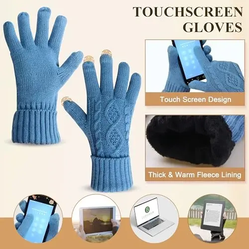 Winter Hat Gloves Scarf Set for Women, Beanie Warm Knit Pom Hat Touch Screen Glove Long Scarf 3pcs Winter Gift Set for Women - 3