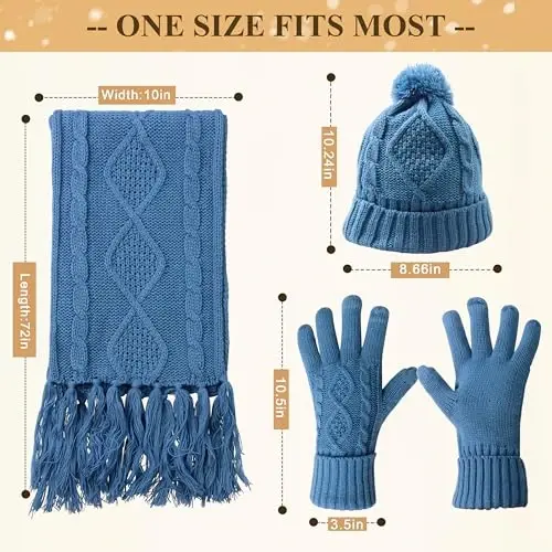 Winter Hat Gloves Scarf Set for Women, Beanie Warm Knit Pom Hat Touch Screen Glove Long Scarf 3pcs Winter Gift Set for Women - 5