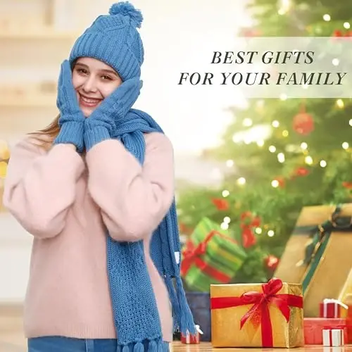 Winter Hat Gloves Scarf Set for Women, Beanie Warm Knit Pom Hat Touch Screen Glove Long Scarf 3pcs Winter Gift Set for Women - 6