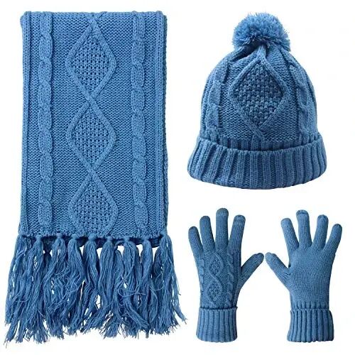 Winter Hat Gloves Scarf Set for Women, Beanie Warm Knit Pom Hat Touch Screen Glove Long Scarf 3pcs Winter Gift Set for Women - KeYanew