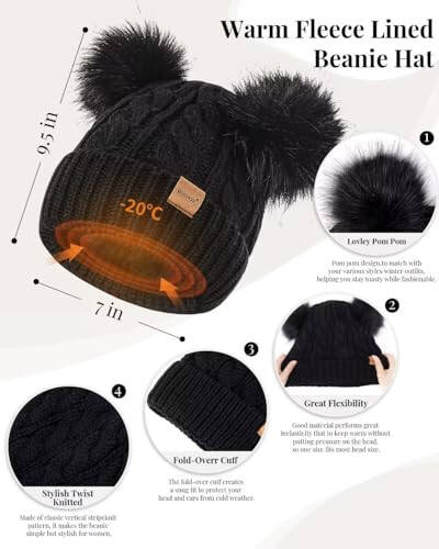 Winter Hat Scarf Glove Set for Women, Fleece Lined Beanie with Double Pom Pom, Touchscreen Gloves Knit Scarf for Cold Weather - 8