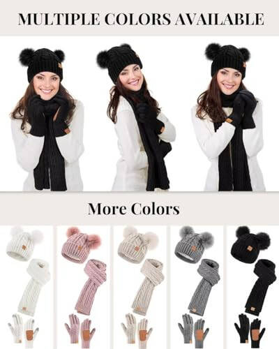 Winter Hat Scarf Glove Set for Women, Fleece Lined Beanie with Double Pom Pom, Touchscreen Gloves Knit Scarf for Cold Weather - 14