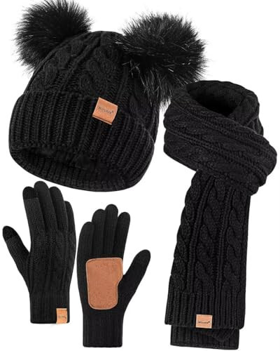 Winter Hat Scarf Glove Set for Women, Fleece Lined Beanie with Double Pom Pom, Touchscreen Gloves Knit Scarf for Cold Weather - 1