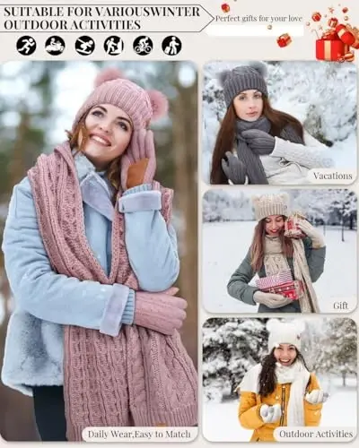 Winter Hat Scarf Glove Set for Women, Fleece Lined Beanie with Double Pom Pom, Touchscreen Gloves Knit Scarf for Cold Weather - 5