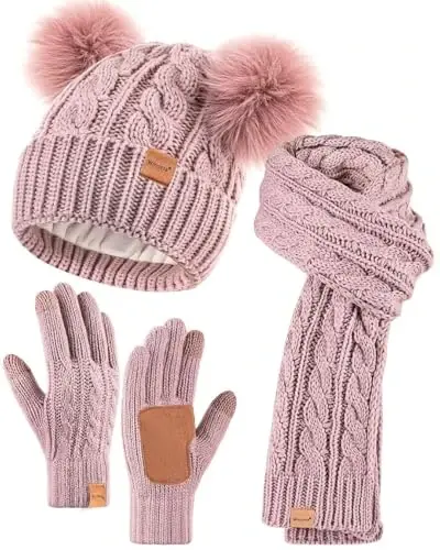 Winter Hat Scarf Glove Set for Women, Fleece Lined Beanie with Double Pom Pom, Touchscreen Gloves Knit Scarf for Cold Weather - 1