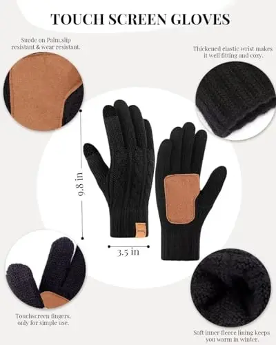 Winter Hat Scarf Glove Set for Women, Fleece Lined Beanie with Double Pom Pom, Touchscreen Gloves Knit Scarf for Cold Weather - 4