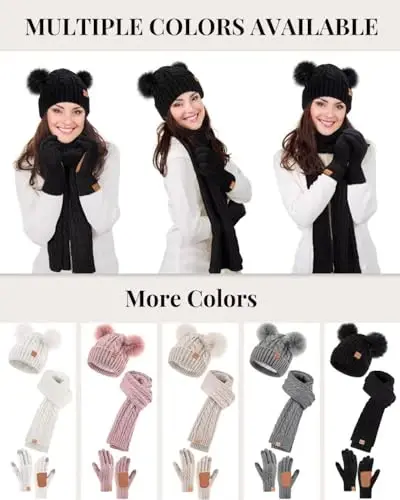 Winter Hat Scarf Glove Set for Women, Fleece Lined Beanie with Double Pom Pom, Touchscreen Gloves Knit Scarf for Cold Weather - 6
