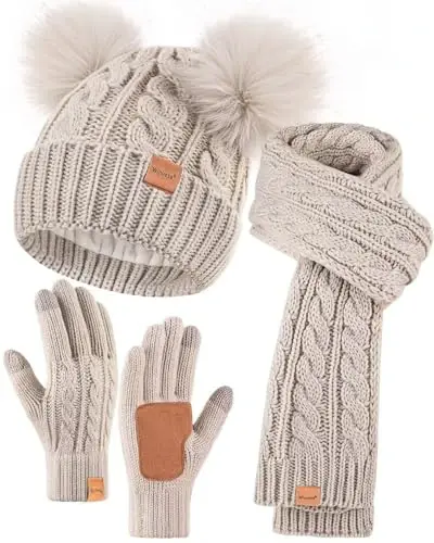 Winter Hat Scarf Glove Set for Women, Fleece Lined Beanie with Double Pom Pom, Touchscreen Gloves Knit Scarf for Cold Weather - 1