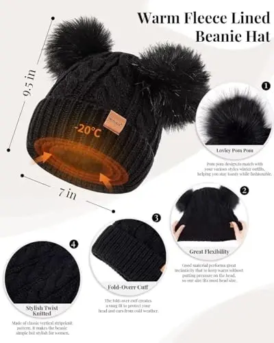 Winter Hat Scarf Glove Set for Women, Fleece Lined Beanie with Double Pom Pom, Touchscreen Gloves Knit Scarf for Cold Weather - WINTER (1)