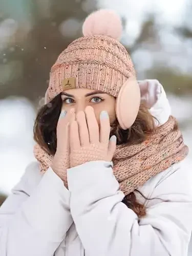 Winter Hat Scarf Gloves and Ear Warmer, Warm Knit Beanie Hat Touch Screen Gloves Set Winter Gifts Neck Scarves for Women - 6