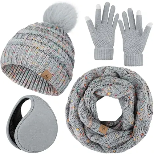 Winter Hat Scarf Gloves and Ear Warmer, Warm Knit Beanie Hat Touch Screen Gloves Set Winter Gifts Neck Scarves for Women - WINTER