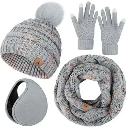 Winter Hat Scarf Gloves and Ear Warmer, Warm Knit Beanie Hat Touch Screen Gloves Set Winter Gifts Neck Scarves for Women 