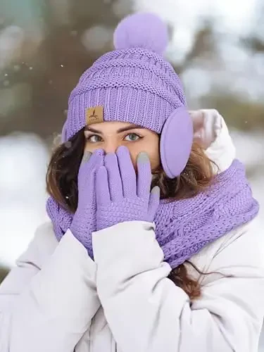 Winter Hat Scarf Gloves and Ear Warmer, Warm Knit Beanie Hat Touch Screen Gloves Set Winter Gifts Neck Scarves for Women - 6