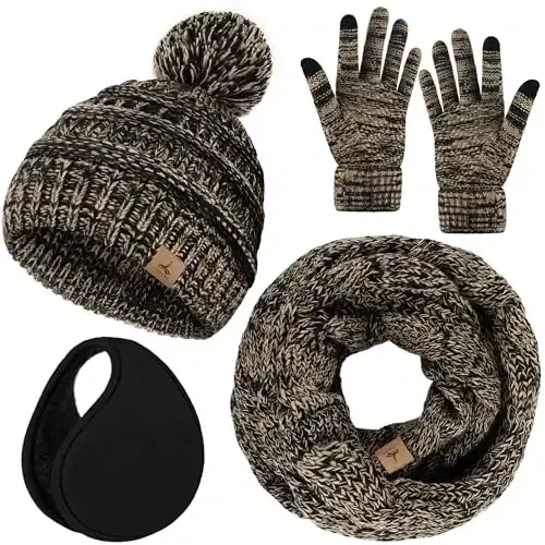 Winter Hat Scarf Gloves and Ear Warmer, Warm Knit Beanie Hat Touch Screen Gloves Set Winter Gifts Neck Scarves for Women - 1