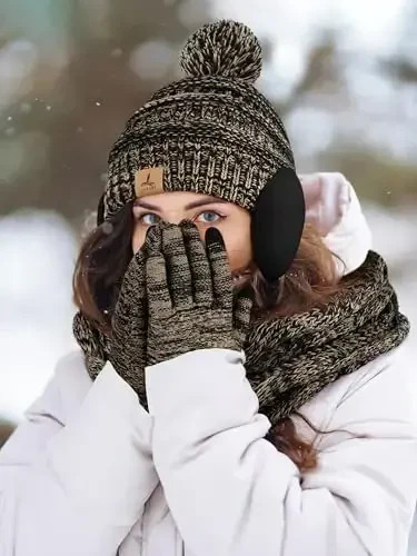 Winter Hat Scarf Gloves and Ear Warmer, Warm Knit Beanie Hat Touch Screen Gloves Set Winter Gifts Neck Scarves for Women - 6