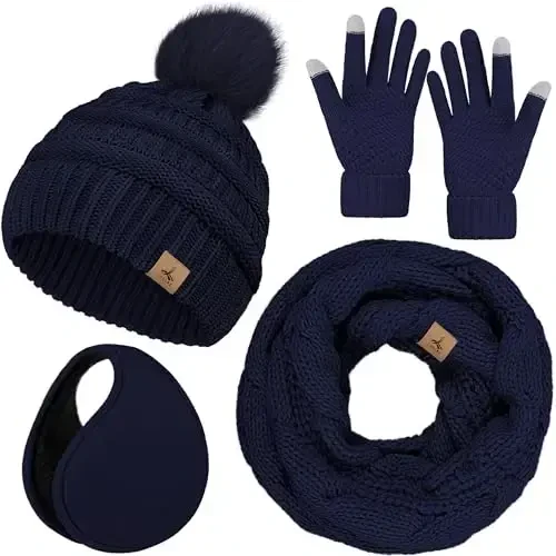 Winter Hat Scarf Gloves and Ear Warmer, Warm Knit Beanie Hat Touch Screen Gloves Set Winter Gifts Neck Scarves for Women - 1