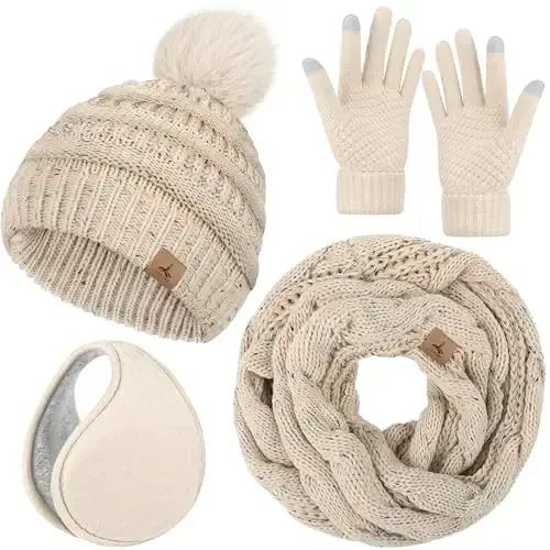 Winter Hat Scarf Gloves and Ear Warmer, Warm Knit Beanie Hat Touch Screen Gloves Set Winter Gifts Neck Scarves for Women - WINTER