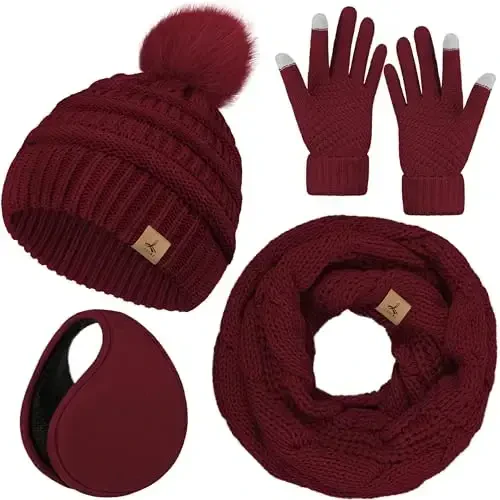Winter Hat Scarf Gloves and Ear Warmer, Warm Knit Beanie Hat Touch Screen Gloves Set Winter Gifts Neck Scarves for Women - 1