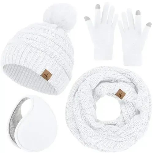 Winter Hat Scarf Gloves and Ear Warmer, Warm Knit Beanie Hat Touch Screen Gloves Set Winter Gifts Neck Scarves for Women - 1