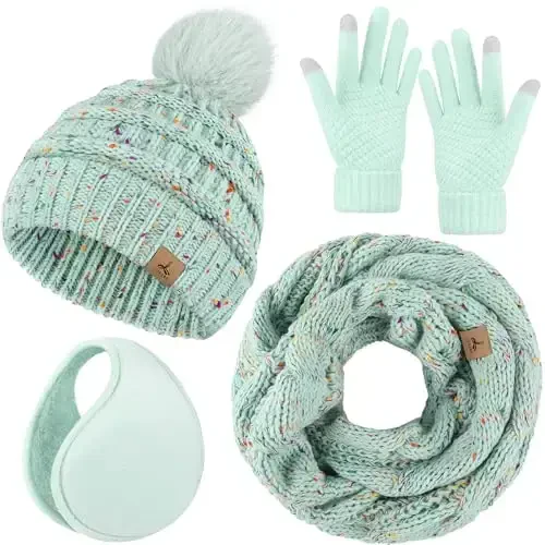 Winter Hat Scarf Gloves and Ear Warmer, Warm Knit Beanie Hat Touch Screen Gloves Set Winter Gifts Neck Scarves for Women 