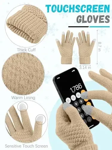 Winter Hat Scarf Gloves and Ear Warmer, Warm Knit Beanie Hat Touch Screen Gloves Set Winter Gifts Neck Scarves for Women - 3