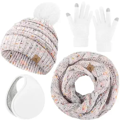 Winter Hat Scarf Gloves and Ear Warmer, Warm Knit Beanie Hat Touch Screen Gloves Set Winter Gifts Neck Scarves for Women - WINTER